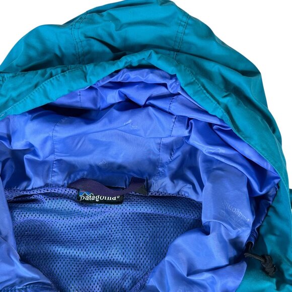 VTG Patagonia Long Jacket Full Zip Turquoise Adult Sz Large Hood Zip Pockets - Picture 14 of 15